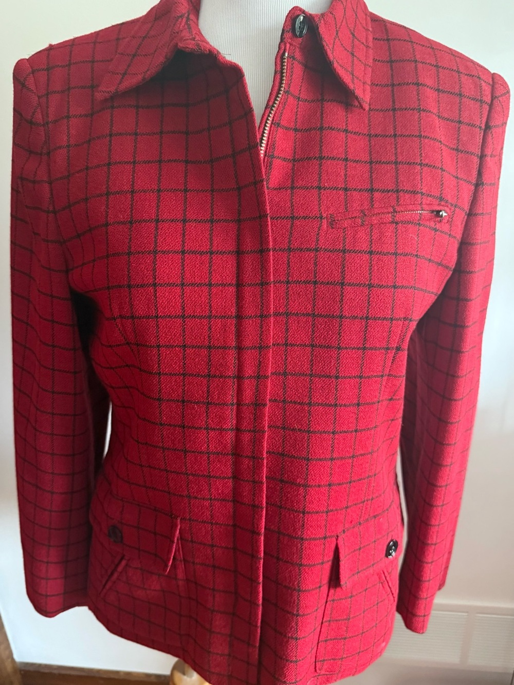 Ralph Lauren Red Windowpane Zip-Front Women's Blazer